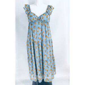 Lush Blue Yellow Floral Midi Dress Size Medium Flutter Sleeve Floral Tie Back
